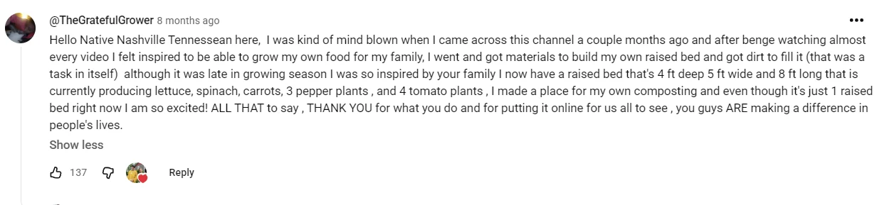 A long, specific YouTube comment from a real viewer describing how the channel inspired them to build a raised garden bed