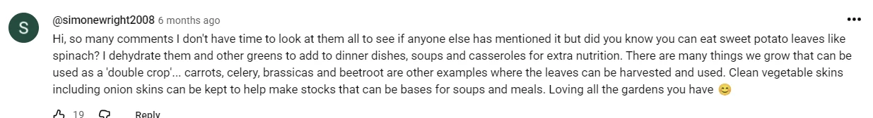 A YouTube comment from a real viewer sharing a detailed gardening tip back to the host