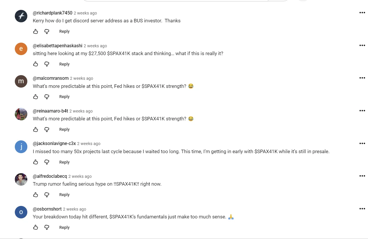 A YouTube comment thread full of near-identical crypto-shill comments hyping a token